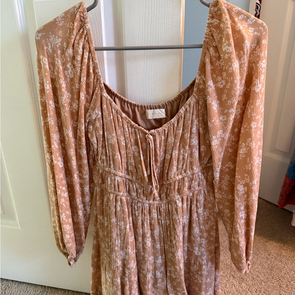 Altar'd State Floral Long Sleeve Dress in Tan